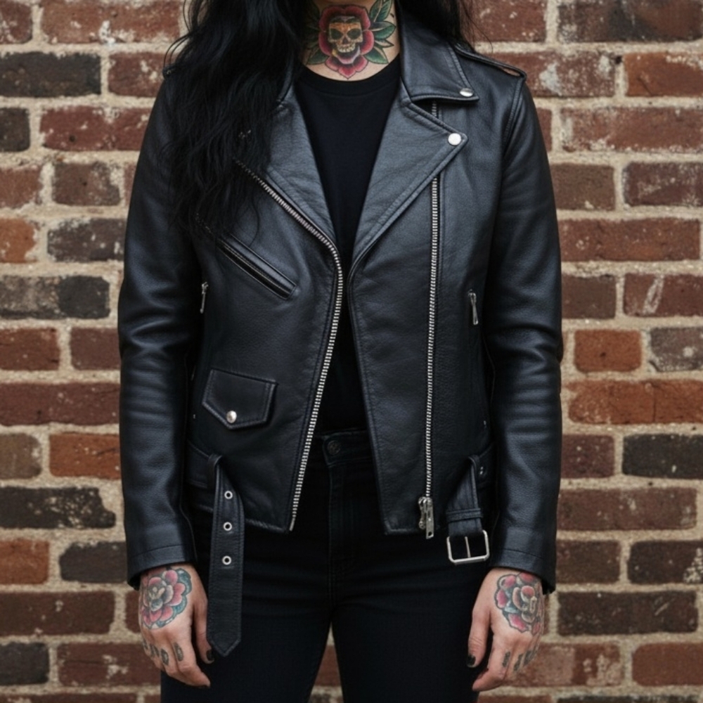 Stockholm Textiles | Black vintage leather biker moto jacket Med